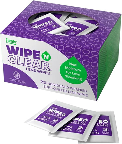Flents Wipe 'N Clear Lens Cleaning Wipes, Pre-Moistened, Gentle Cleaning, AntiStreak, Fast Drying, 4 Portable Boxes Of 75, 300 Count, Individually Wrapped for Travel & Convenience, Made in the USA