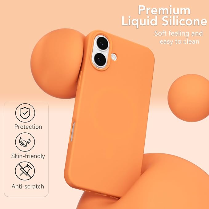 for iPhone 16 Plus Case Silicone Compatible with Magsafe Case, Ultra Slim Thin Magnetic Phone Cases Mag Safe, Cute Soft Rubber Gel TPU Matte Plain Wireless Charging Cover for Women, Neon Orange