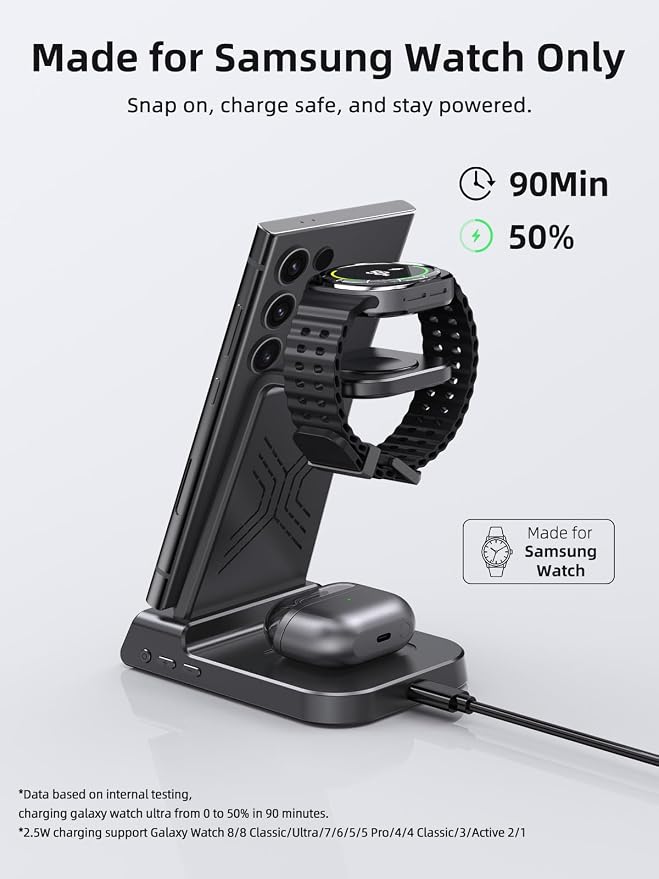 Wireless Charger Samsung Charging Station: 3 in 1 Android Charging Stand with Dimmable Clock - Nightstand Organizer for Galaxy S25 Ultra S24, Galaxy Watch 8 7 6 5 4, Galaxy Buds, Space-Saving Charger