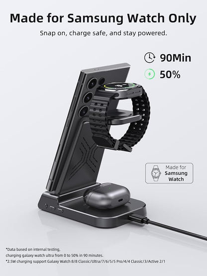 Wireless Charger Samsung Charging Station: 3 in 1 Android Charging Stand with Dimmable Clock - Nightstand Organizer for Galaxy S25 Ultra S24, Galaxy Watch 8 7 6 5 4, Galaxy Buds, Space-Saving Charger