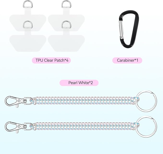 Doormoon Phone Lanyard Leash with 4 Patch, 2* Phone Tether, 4* Phone Tether Tab, 1* Carabiner for Climbing Outdoor Hiking Cycling Skiing Compatible for Smartphones Keys, PearlWhite*2
