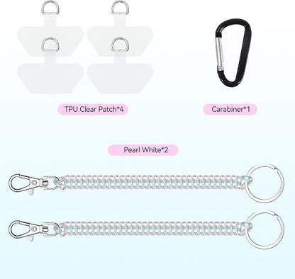 Doormoon Phone Lanyard Leash with 4 Patch, 2* Phone Tether, 4* Phone Tether Tab, 1* Carabiner for Climbing Outdoor Hiking Cycling Skiing Compatible for Smartphones Keys, PearlWhite*2