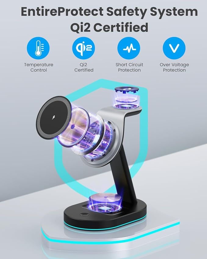 3 in 1 Wireless Charger Charging Station for iPhone,Qi2 Certified 15W Magnetic Charging Stand for Mag-Safe with 30W USB C Adapter&Friendly Night Light for iPhone 17/16/15/14/13/12,Apple Watch,AirPods