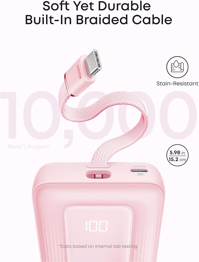 Anker Zolo Power Bank, 20,000mAh 45W Max Fast Portable Charger with Built-in USB-C Cable, USB C&A, 40W Battery Pack for iPhone 17 Series, MacBook, Samsung, and More (Charger Not Included)