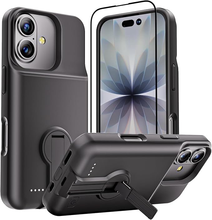 GIN FOXI for iPhone 17 Battery Case, Rechargeable Case Charger with Stand 8500mAh Fast Charging Ultra-Slim Lightweight Powerful Battery Pack Anti-Fall TPU Juice Box for iPhone 17 (6.3") Black
