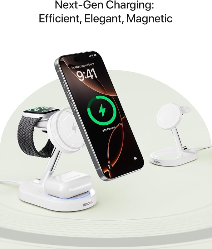 Intoval Fast Charging Station for Magsafe Apple Devices, Wireless Charger for MagSafe iPhones, 3 in 1 Magnetic Charger Stand for iPhone16/15/14/13, Apple Watch & AirPods
