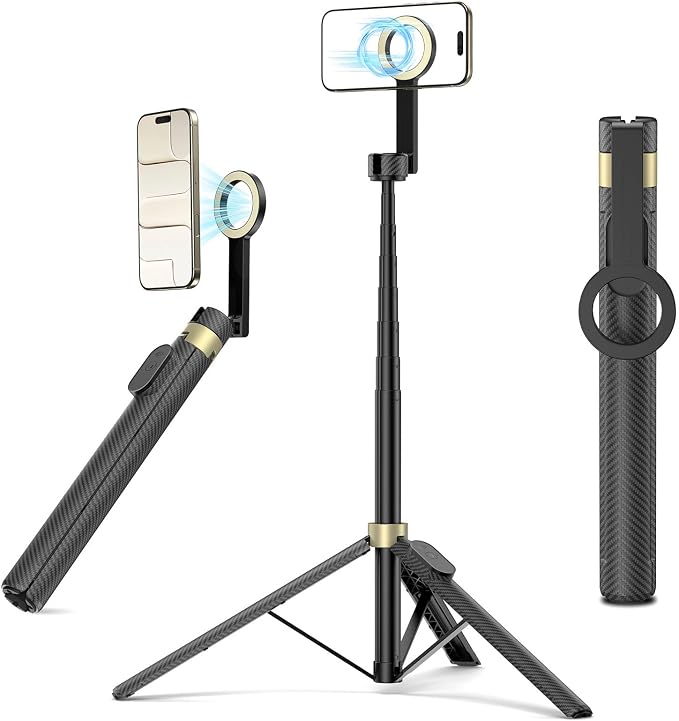 65" Magnetic Tripod for iPhone, Selfie Stick Tripod with Remote, 360° Rotatable Extendable Travel Tripod Phone Stand with Metal Ring, Compatible with iPhone Android