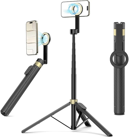 65" Magnetic Tripod for iPhone, Selfie Stick Tripod with Remote, 360° Rotatable Extendable Travel Tripod Phone Stand with Metal Ring, Compatible with iPhone Android