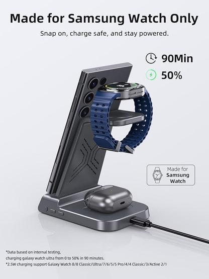 Wireless Charger Samsung Charging Station: 3 in 1 Android Charging Stand with Dimmable Clock - Nightstand Organizer for Galaxy S25 Ultra S24, Galaxy Watch 8 7 6 5 4, Galaxy Buds, Space-Saving Charger