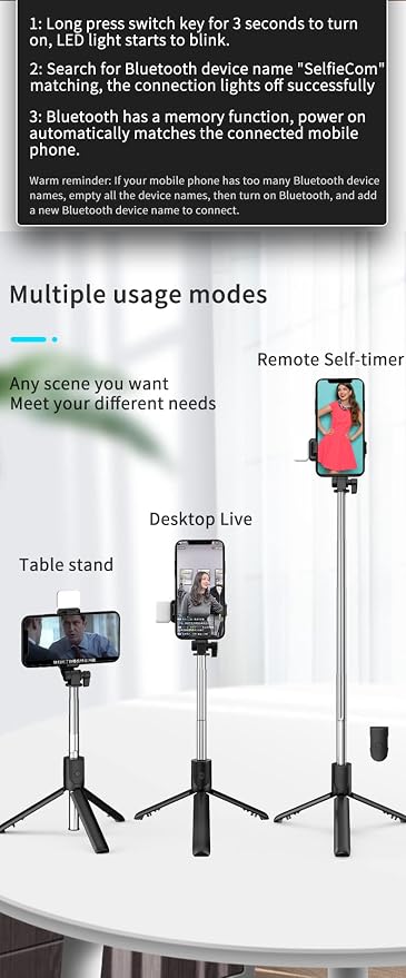 Tianle Selfie Stick with Fill Light, 40 Inch Phone Tripod Extendable Cell Phone Tripod Stand with Wireless Remote and Phone Holder Compatible with iPhone Android for Selfie, Video Recording, Photo