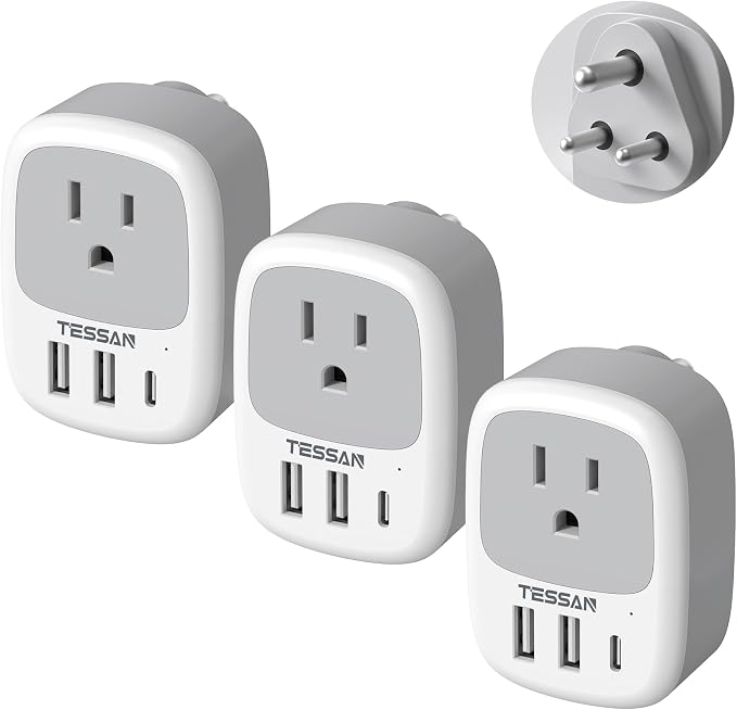 TESSAN US to India Plug Adapter, Type D Travel Adapter, 3 Pack
