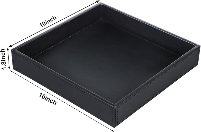 HofferRuffer Faux Leather Vanity Tray, Elegant Desktop Storage Organizer, Decorative Catchall for Perfume, Bathroom Valet, Nightstand or Dresser, 10 x 10 x 1.8 inches (Black)