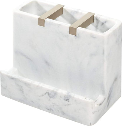 iDesign 28250 Dakota Resin Marble Vanity Center for Toothbrush, Cell Phone, Bathroom Countertops, Desks, Vanities, Dorm, Office - White Marble and Satin Metal Accents