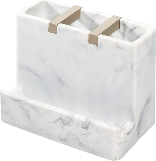 iDesign 28250 Dakota Resin Marble Vanity Center for Toothbrush, Cell Phone, Bathroom Countertops, Desks, Vanities, Dorm, Office - White Marble and Satin Metal Accents