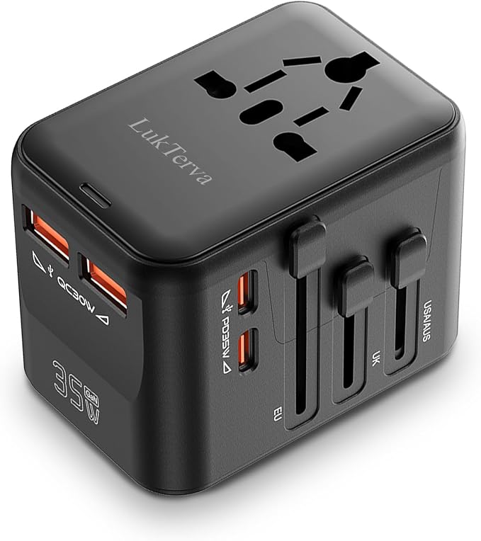 All-in-One 45W Quick Charging Universal Travel Adapter with 4 Ports (2 USB-C + 2 USB-A) - Worldwide Plug Converter for USA, EU, UK, AUS | Compact Power Adapter for International Travel