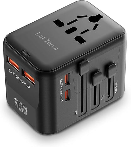 All-in-One 45W Quick Charging Universal Travel Adapter with 4 Ports (2 USB-C + 2 USB-A) - Worldwide Plug Converter for USA, EU, UK, AUS | Compact Power Adapter for International Travel