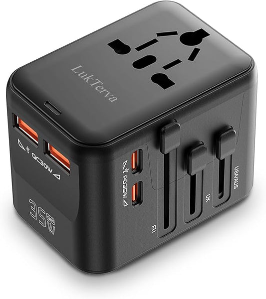 All-in-One 45W Quick Charging Universal Travel Adapter with 4 Ports (2 USB-C + 2 USB-A) - Worldwide Plug Converter for USA, EU, UK, AUS | Compact Power Adapter for International Travel