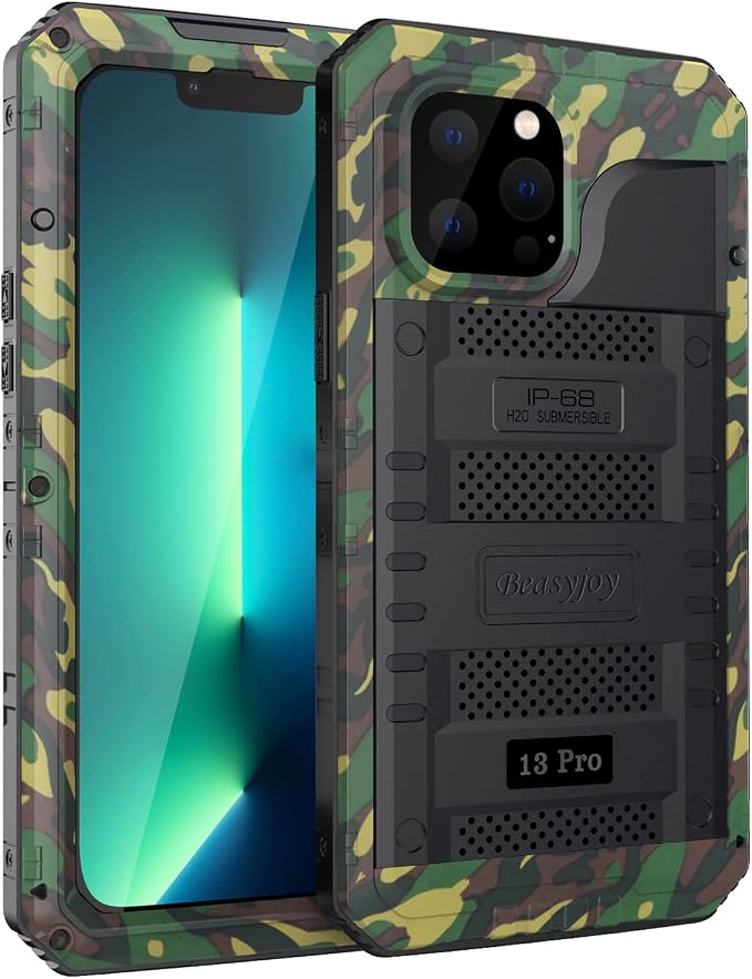 Beasyjoy Waterproof Case for iPhone 13 Pro, Full Body Protective Cover with Built-in Screen Protector, Heavy Duty Metal Rugged Shockproof Dustproof Defender Phone Case 6.1 Inch, Camo