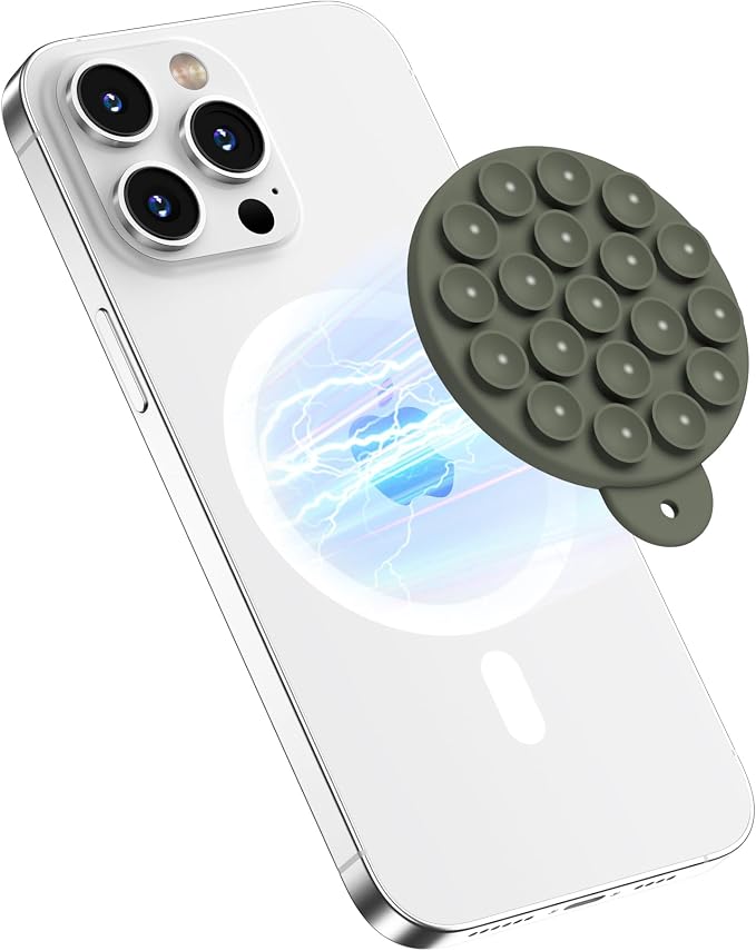 Magnetic Suction Cup Phone Mount, Compatible with MagSafe, Silicone Octo Cup Buddy Sticky Grip Holder for iPhone and Android, Removable Hands-Free Selfie/Video for TikTok, Olive Green
