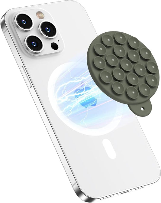 Magnetic Suction Cup Phone Mount, Compatible with MagSafe, Silicone Octo Cup Buddy Sticky Grip Holder for iPhone and Android, Removable Hands-Free Selfie/Video for TikTok, Olive Green