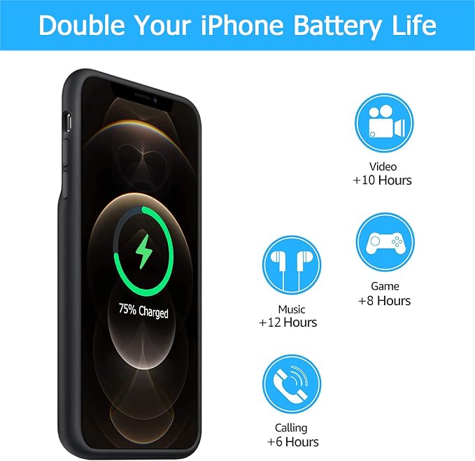 Battery Case for iPhone 12/12 Pro, [10000mAh] Enhanced Portable Protective Qi Wireless Charger Case Battery Pack with CarPlay Wireless Charging Case Compatible for iPhone 12/12 Pro (6.1 inch)-Black