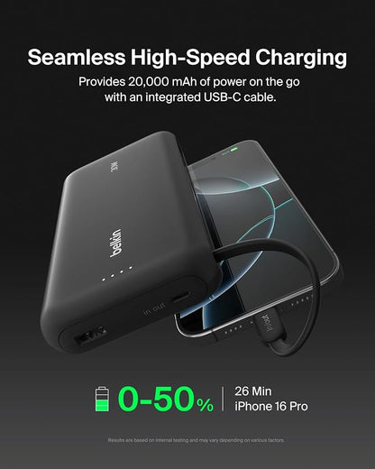 Belkin Power Bank with Integrated Cable, Fast Charging USB-C, 20000 mAh 30W, Portable Charger Power Bank USB C for iPhone 17, Air, Pro, Pro Max, iPad, AirPods, Apple Watch, Galaxy S25, & More - Black