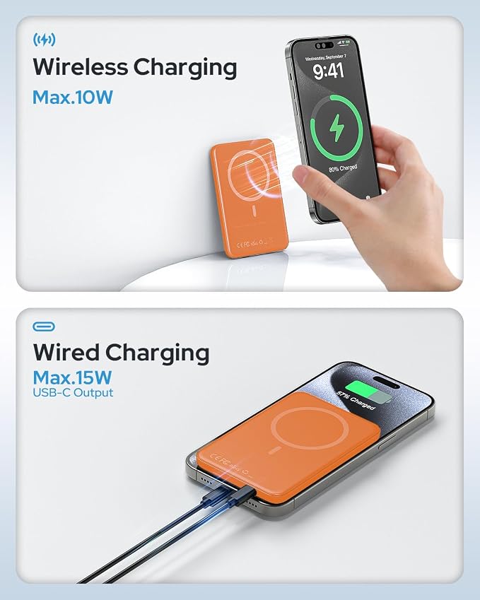 TRKOY for Magsafe Portable Charger, 5000mAh Magnetic Power Bank with USB-C Fast Charging, Travel Essential for Magsafe Battery Pack Compatible with iPhone 17/16/15/14/13/12, Cosmic Orange