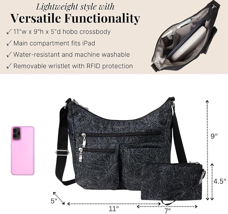 Baggallini womens Everywhere Bagg Crossbody Women 11x9 Lightweight Nylon Hobo Water-resistant Travel Bag W/Rfid
