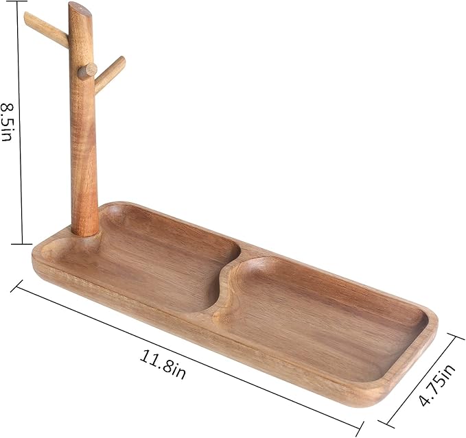 Wood Key Tray for Entryway Table, Jewelry Tray, Catchall Tray with 3 Stand Hanging Organizer, for Rings, Phone, Bracelets Watches