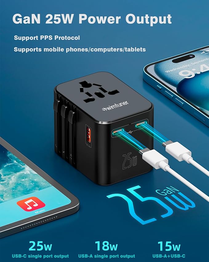 Universal Travel Converter, GaN International Plug Charger, with 2 USB-C and 1 USB-A Travel Global Adapter, Suitable for Europe, Australia, South Korea, Japan and Other Regions