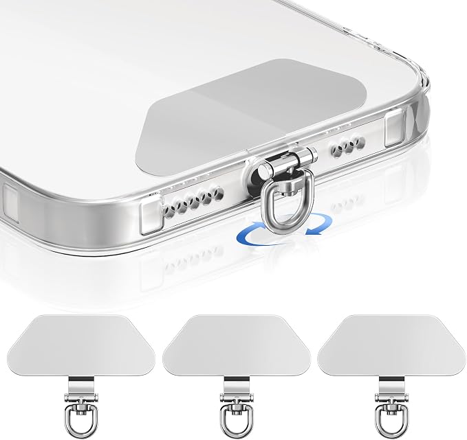 takyu Metal Phone Tether Tab, 360° Rotating Phone Lanyard Tab, Cellphone Charm Wrist Strap Hook Holder, Ultra-thin Metal Patch Compatible for iPhone Android Smartphones, 3 Pack Silver