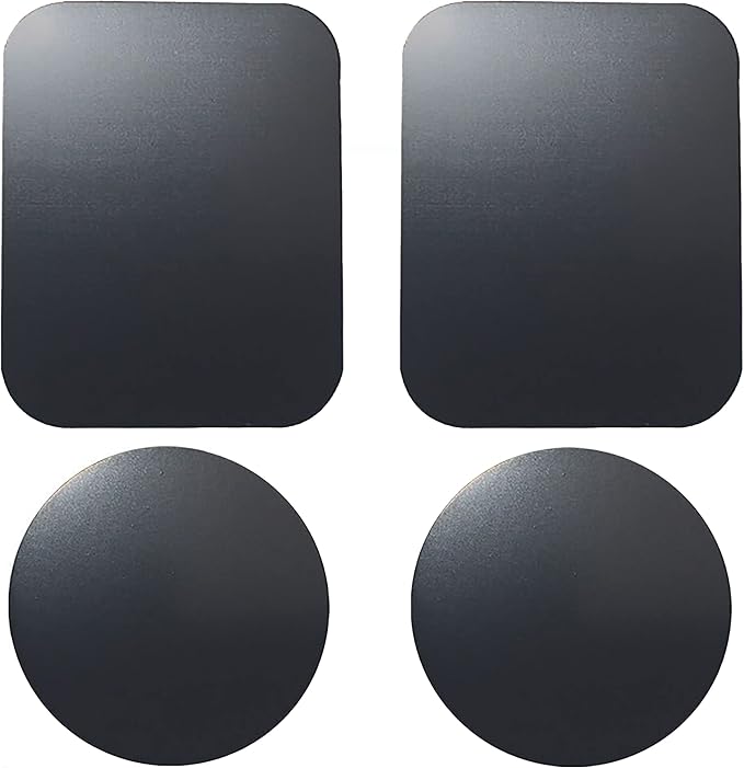 SALEX Replacement Metal Plates Set 4 Pack for Magnetic Car Phone Holders, Wall, Air Vent Mounts, Cases, Magnets. Kit of 2 Black Round and 2 Rectangular Iron Discs Without Holes. 3M Adhesive Backing.