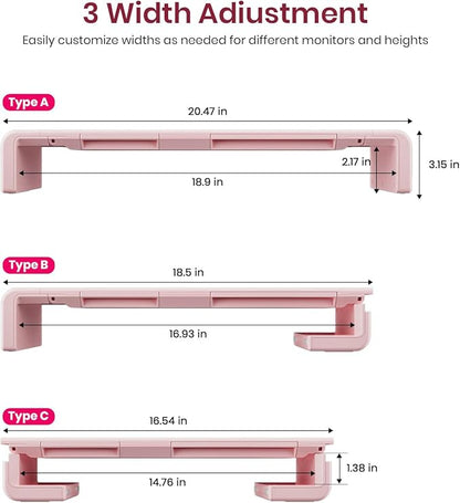 Pink Monitor Stand Riser, Klearlook Foldable, Height Adjustable Computer Stand, Desk Shelf Riser with Storage Drawer &Tablet Phone Stand for Desktop, Laptop