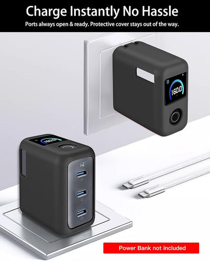 Silicone Case for Anker 160W 3-Port Compact USB C GaN Charger Block,Full-Body Protective Cover for Anker Prime Charger,Precise Port Cutouts (Case Only) Black