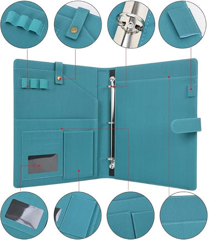 Wonderpool A4 PU Leather Portfolio Holder Ring File Document Case with Removable Binder Clipboard, Multi Pocket and Legal Pad for Business Organizer Interview and Meeting (Cyan)