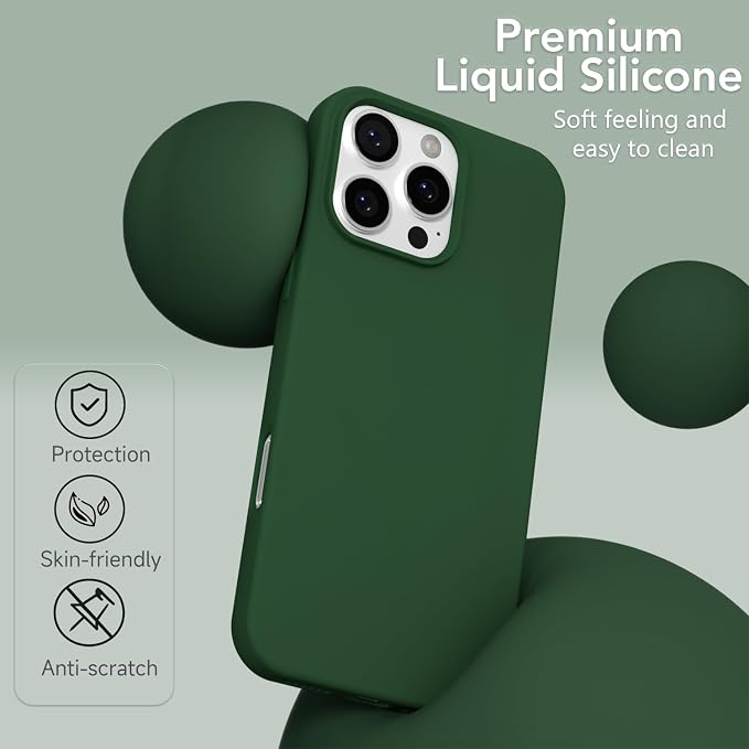 for iPhone 16 Pro Max Case Silicone Compatible with Magsafe Case, Ultra Slim Thin Magnetic Phone Cases Mag Safe, Cute Soft Rubber Gel Matte Plain Wireless Charging Cover for Women, Dark Green