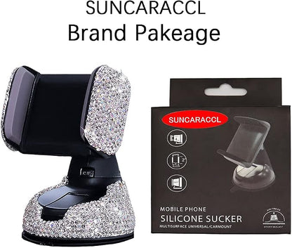 SUNCARACCL Bling Car Phone Holder, 360°Adjustable Universal Rhinestone Crystal Auto Phone Mount Stand Accessories for Windshield Dashboard and Air Outlet (White)