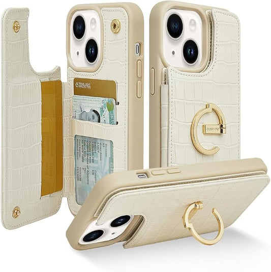 CUSTYPE for iPhone 13/14 Wallet Case with Card Holder,Ring Holder Kickstand Card Slots Case,Leather Protective Case with Wallet for Women and Men for iPhone 13/14 6.1"-Beige