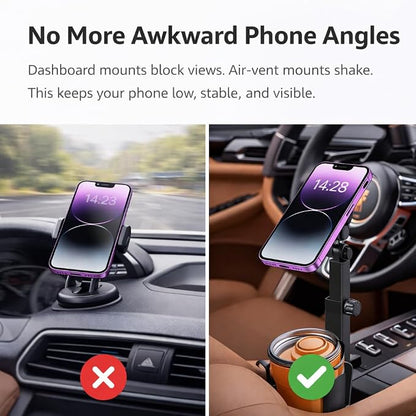 Adjustable Magnetic Cup Holder Phone Mount – MagSafe Compatible, Expandable Base, Long Arm Telescopic Car Holder, Includes Metal Ring for iPhone & Android