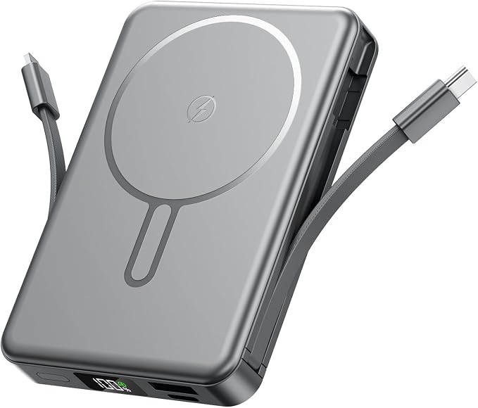 Magnetic Portable Charger, Power Bank Fast Charging 22.5W 10000mAh, Portable Charger with Built in Cable, for Magsafe Battery Pack Compatible with iPhone 17/16/15/14/13/12 Pro/Pro Max, Samsung Grey
