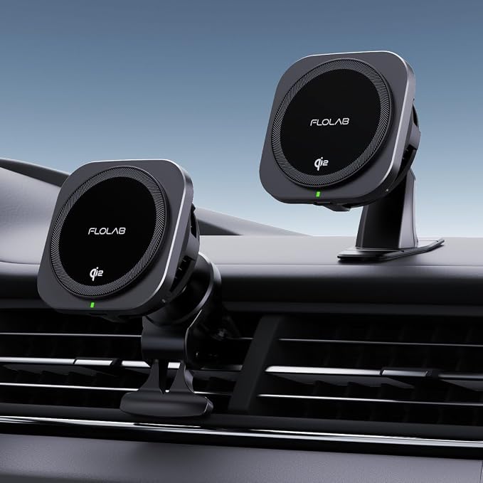 FLOLAB Qi2 15W Wireless Car Charger for iPhone 16/15/14/13/12 Qi2 Car Charger, Magnetic Vent Mount/Dashboard Mount Car Phone Holder, Fast Charging with Cooling