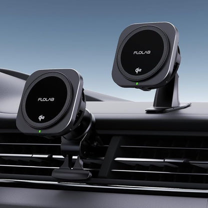 FLOLAB Qi2 15W Wireless Car Charger for iPhone 16/15/14/13/12 Qi2 Car Charger, Magnetic Vent Mount/Dashboard Mount Car Phone Holder, Fast Charging with Cooling