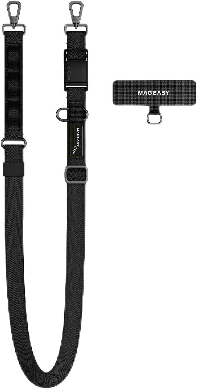 MAGEASY 20mm FidLock Dual Crossbody Utility Strap- Adjustable Crossbody Phone Lanyard with Magnetic Quick Release Buckle, Universal Durable Strap for iPhone 16 Pro Max & Most Smartphones - Black