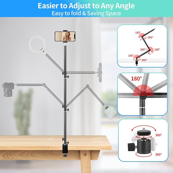 Heavy Duty Overhead Camera Desk Mount Stand 14.5"-41" with 1/4" Screw, 3-Section 360°Rotatable Detachable Articulating Boom Arm with Enlarged Handle C Clamp, Tabletop Light Stand for Streaming Vlog