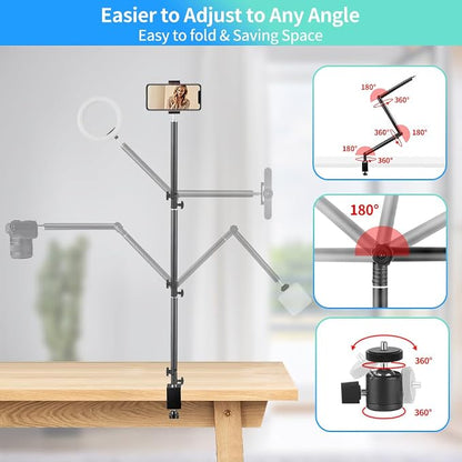 Heavy Duty Overhead Camera Desk Mount Stand 14.5"-41" with 1/4" Screw, 3-Section 360°Rotatable Detachable Articulating Boom Arm with Enlarged Handle C Clamp, Tabletop Light Stand for Streaming Vlog