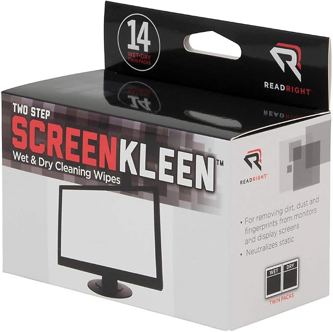 Read Right Two Step ScreenKleen Wet and Dry Cleaning Wipes, 5 x 5, Unscented, 14/Box