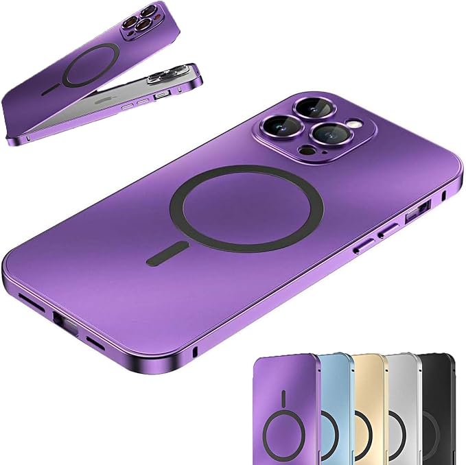 Magnetic Charging Aluminum Metal Bumper Matte Shell for iPhone, Anti-Collision Matte Snap-On Phone Case, for iPhone 16/15/14/13/12 Pro Max (Purple,14)