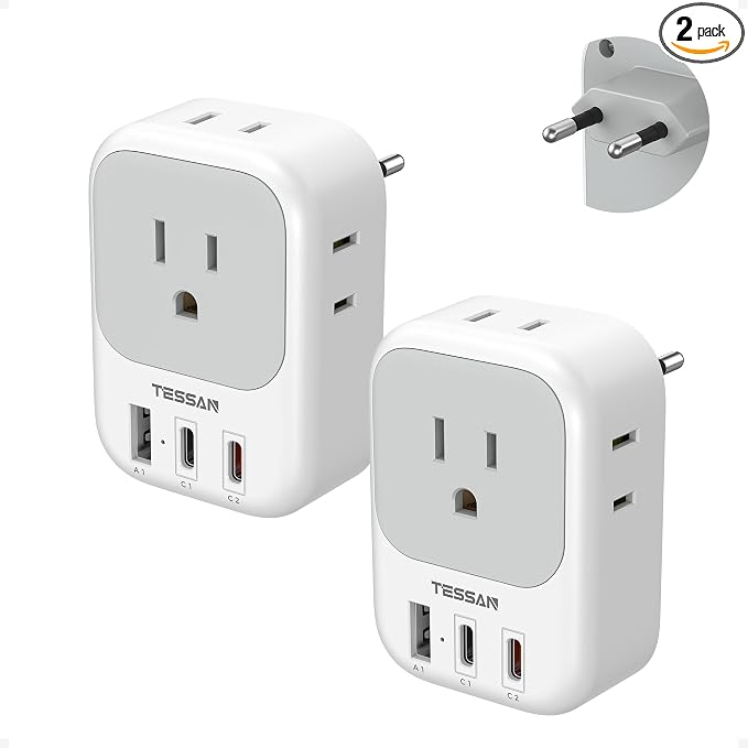 TESSAN 2 Pack European Travel Plug Adapter PD 20W, 3 USB Ports (2 USB C) | 4 American Outlets, No Voltage Conversion, Type C Plug Adapter, for Europe EU Euro Italy Spain France Greece Iceland Germany
