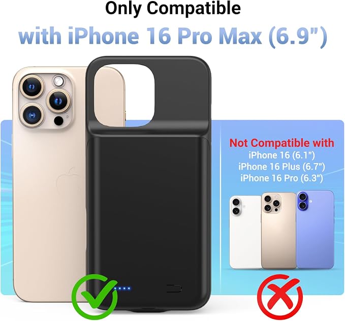 Battery Case for iPhone 16 Pro Max, Ultra-Slim 7000mAh Portable Extended Charging Charger Case [2026 Upgraded] w/Tempered Glass Film for iPhone 16 Pro Max-6.9 inch,Black