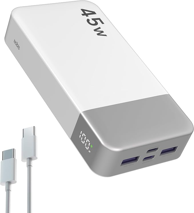 NOBIS Portable Charger 45W 20000mAh Power Bank Fast Charging | 2C+2A Battery Pack with C to C Cable, Battery Bank with Digital Display for iPhone Android Laptop etc